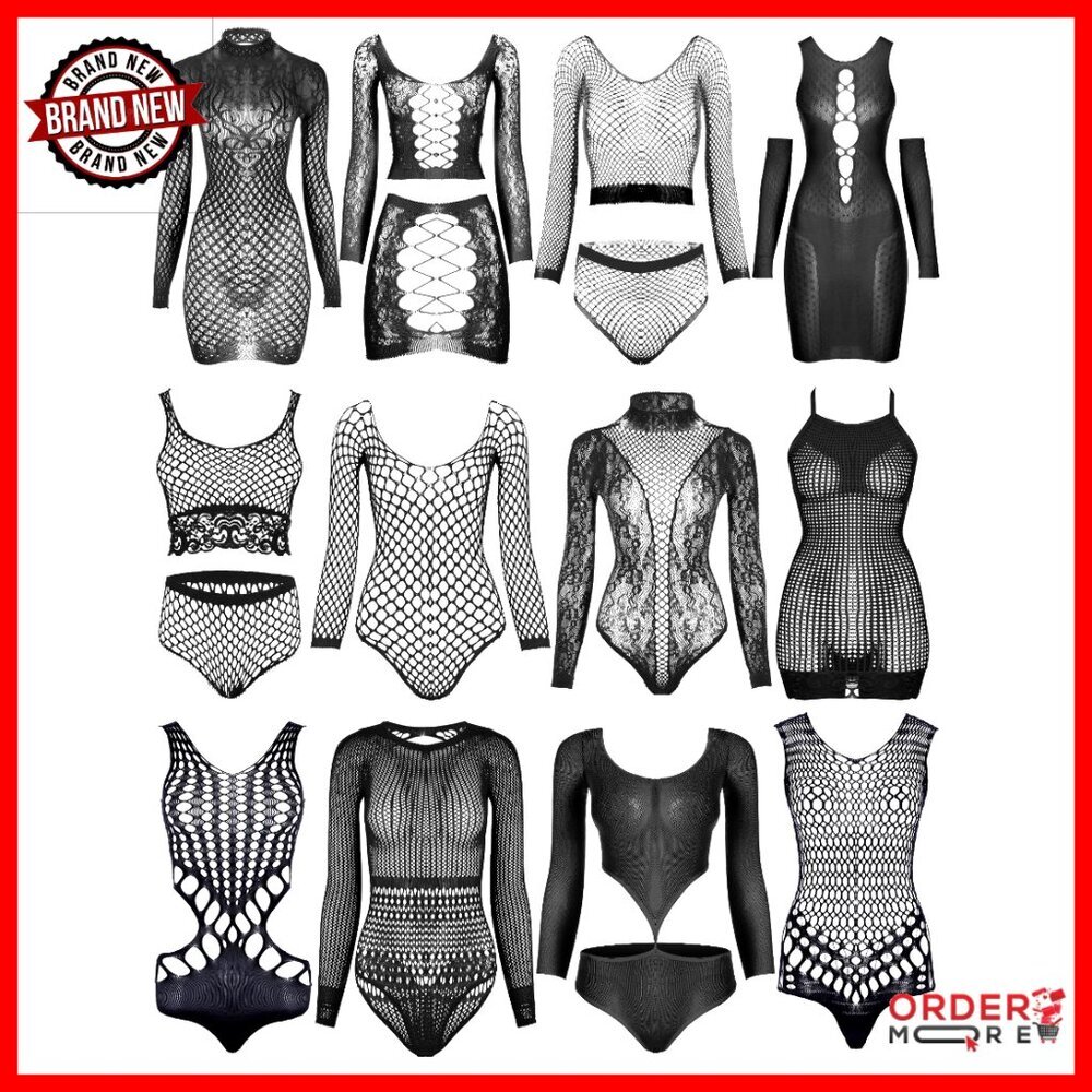 12 Piece Fishnet Lingerie Set Mesh Bodysuit Lace Babydoll Smock